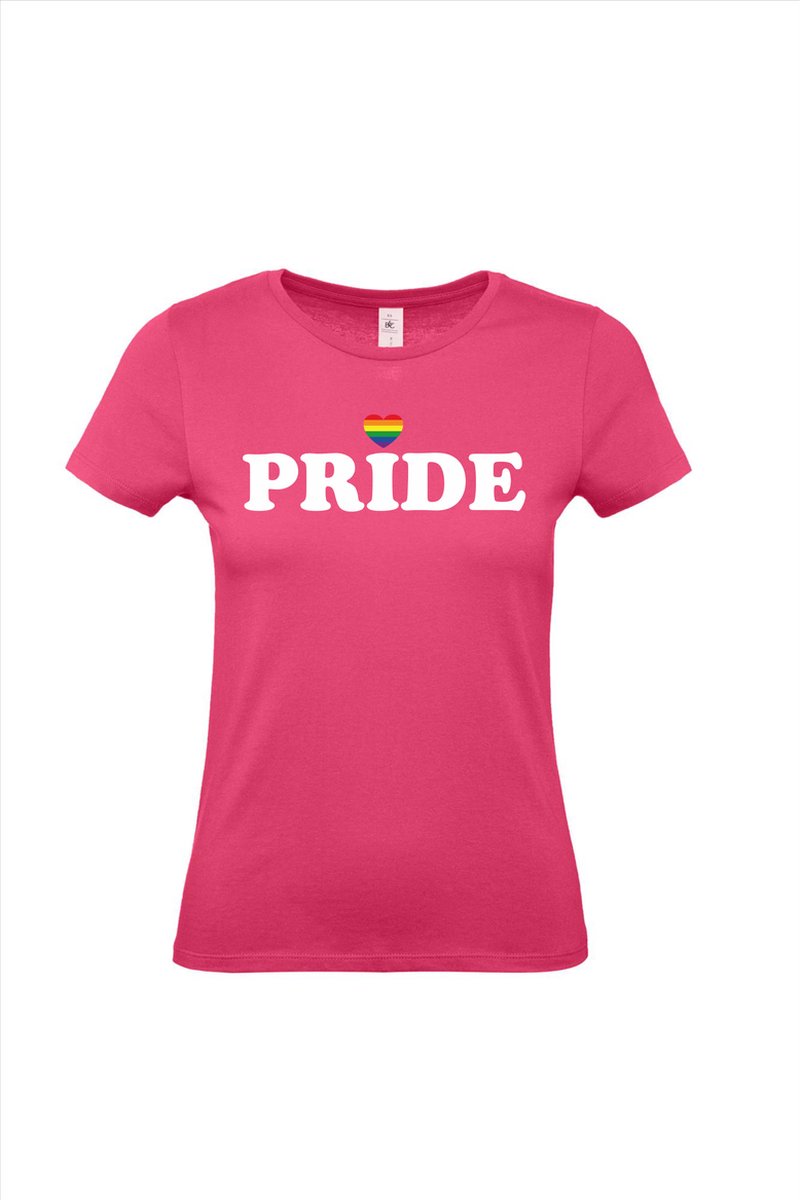 Dames t-shirt Pride met hartje | Regenboog vlag | Gay pride kleding | Pride shirt | Roze | maat XS